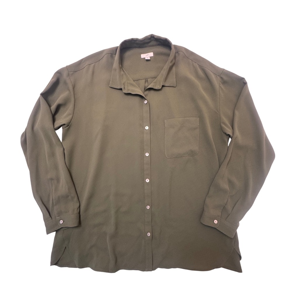 J. Jill Womens‎ XL Tall Olive Green Button Down Long Sleeve Blouse Pocket Crepe